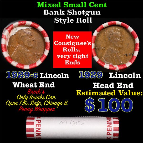 Mixed small cents 1c orig shotgun roll, 1929-s Lincoln Cent,1929-p Lincoln Cent other end, Brinks Wr