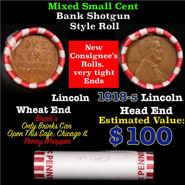 Mixed small cents 1c orig shotgun roll, 1918-s Lincoln Cent, Wheat Cent other end, Brinks Wrapper.