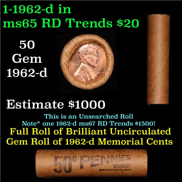 Shotgun Lincoln 1c roll, 1962-d 50 pcs Brandt Wrapper.