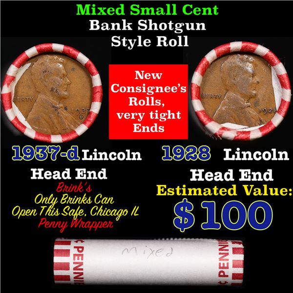 Mixed small cents 1c orig shotgun roll, 1937-d Lincoln Cent, 1928-p Lincoln Cent other end, Brinks W
