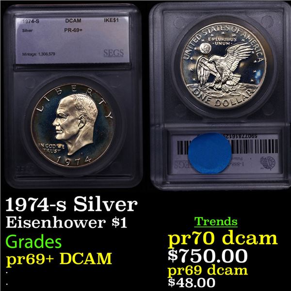 Proof 1974-s Silver Eisenhower Dollar $1 Graded ms69+ dmpl By SEGS