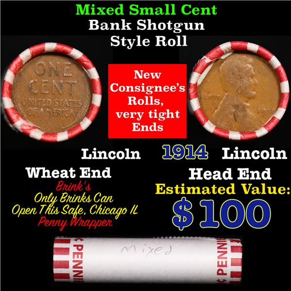 Mixed small cents 1c orig shotgun roll, 1914-p Lincoln Cent, Wheat Cent other end, Brinks Wrapper.