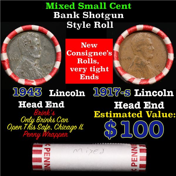 Mixed small cents 1c orig shotgun roll, 1943-p Steel Cent, 1917-s Lincoln Cent other end, Brinks Wra