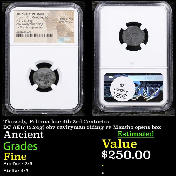 NGC Thessaly, Pelinna late 4th-3rd Centuries BC AE17 (3.24g) obv cavlryman riding rv Mantho opens bo