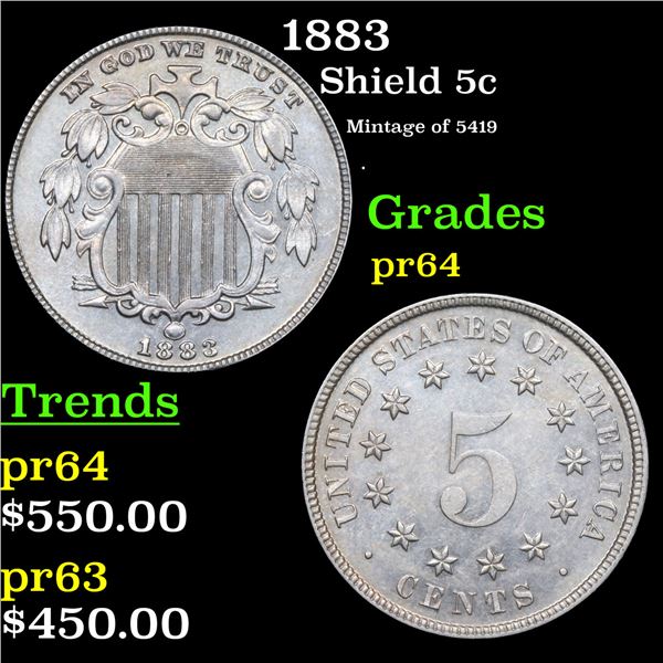 Proof 1883 Shield Nickel 5c Graded pr64 By SEGS