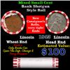 Image 1 : Mixed small cents 1c orig shotgun roll, 1943-p Lincoln Cent, Wheat Cent other end, Brinks Wrapper.
