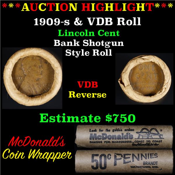 ***Auction Highlight*** Lincoln Wheat cent 1c orig Brandt McDonalds roll, 1909-s end, VDB other end 