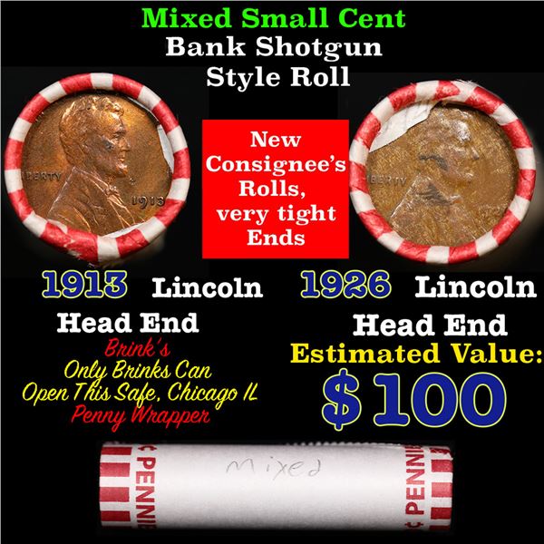 Mixed small cents 1c orig shotgun roll, 1913-p Lincoln Cent, 1926-p Lincoln Cent other end, Brinks W