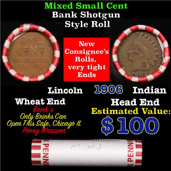 Mixed small cents 1c orig shotgun roll, Wheat Cent, 1906 Indian Cent other end, Brinks Wrapper.