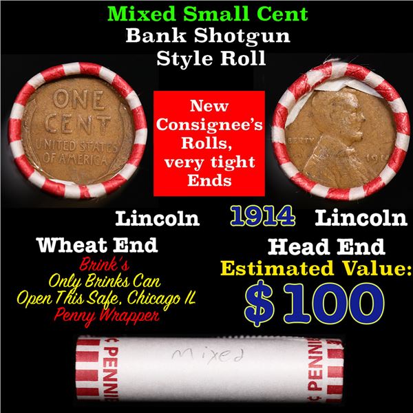 Mixed small cents 1c orig shotgun roll, 1914-p Lincoln Cent, Wheat Cent other end, Brinks Wrapper.
