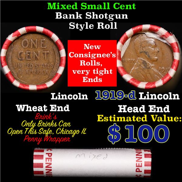 Mixed small cents 1c orig shotgun roll, 1919-d Lincoln Cent, Wheat Cent other end, Brinks Wrapper.
