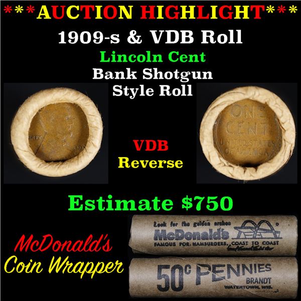 ***Auction Highlight*** Lincoln Wheat cent 1c orig Brandt McDonalds roll, 1909-s end, VDB other end 