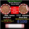 Image 1 : Mixed small cents 1c orig shotgun roll, 1913-p Wheat Cent, 1905 Indian Cent other end, Brinks Wrappe