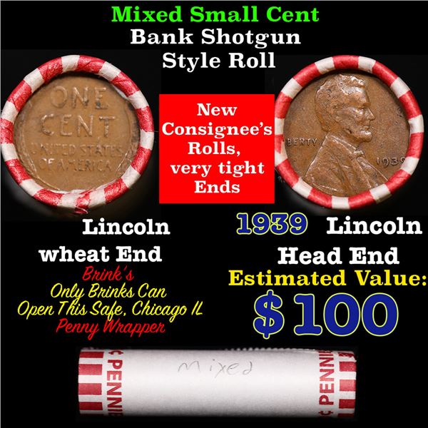 Mixed small cents 1c orig shotgun roll, 1939-p Lincoln Cent, Wheat Cent other end, Brinks Wrapper.