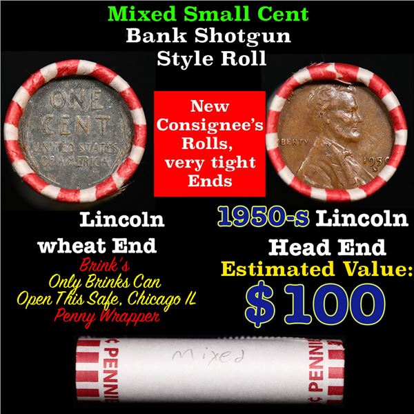 Mixed small cents 1c orig shotgun roll, 1950-s Lincoln Cent, Wheat Cent other end, Brinks Wrapper.