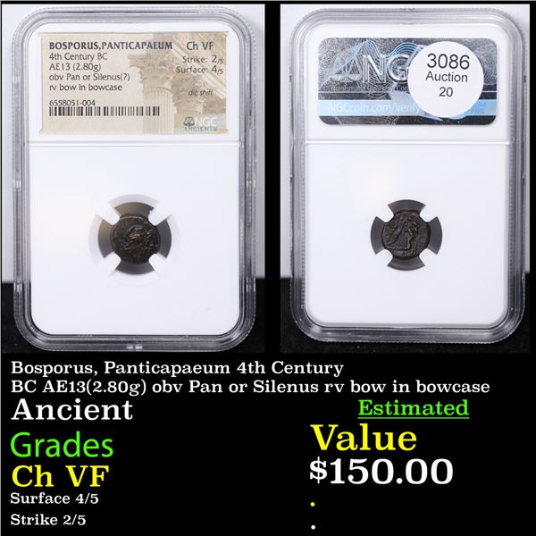 NGC Bosporus, Panticapaeum 4th Century BC AE13(2.80g) obv Pan or Silenus rv bow in bowcase Graded Ch