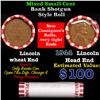 Image 1 : Mixed small cents 1c orig shotgun roll, 1944-p Lincoln Cent, Wheat Cent other end, Brinks Wrapper.