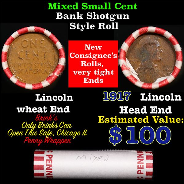 Mixed small cents 1c orig shotgun roll, 1917-p Lincoln Cent, Wheat Cent other end, Brinks Wrapper.