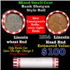 Image 1 : Mixed small cents 1c orig shotgun roll, 1914-p Wheat Cent, Steel Cent other end, Brinks Wrapper.