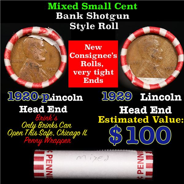 Mixed small cents 1c orig shotgun roll, 1920-p Lincolon Cent, 1929-p Lincoln Cent other end, Brinks 