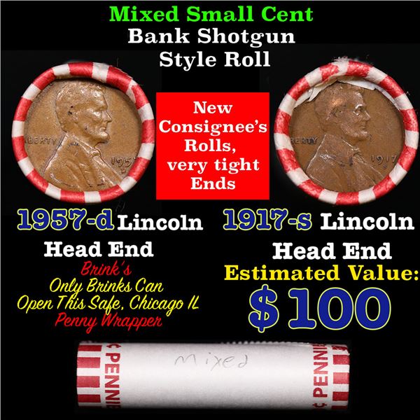 Mixed small cents 1c orig shotgun roll, 1957-d Lincoln Cent, 1917-s Lincoln Cent other end, Brinks W