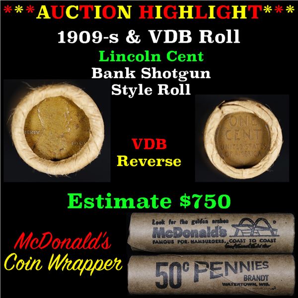 ***Auction Highlight*** Lincoln Wheat cent 1c orig Brandt McDonalds roll, 1909-s end, VDB other end 