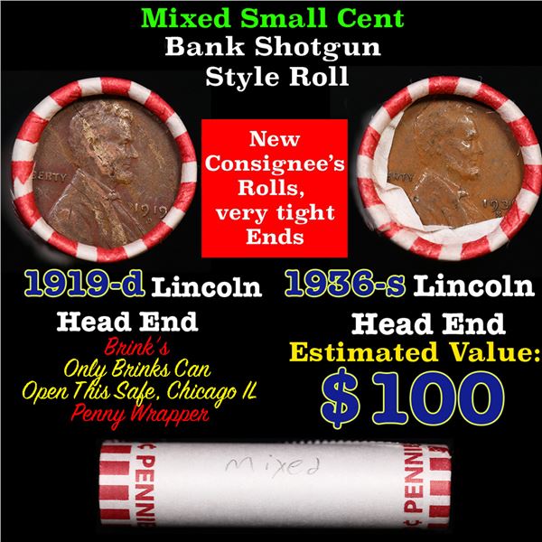Mixed small cents 1c orig shotgun roll, 1919-d Lincoln Cent, 1936-s Lincoln Cent other end, Brinks W