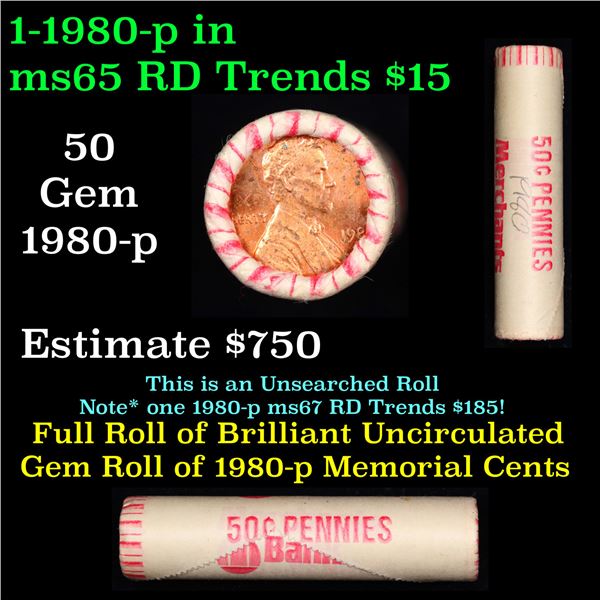 Shotgun Lincoln 1c roll, 1980-p 50 pcs Merchants Bank Wrapper.