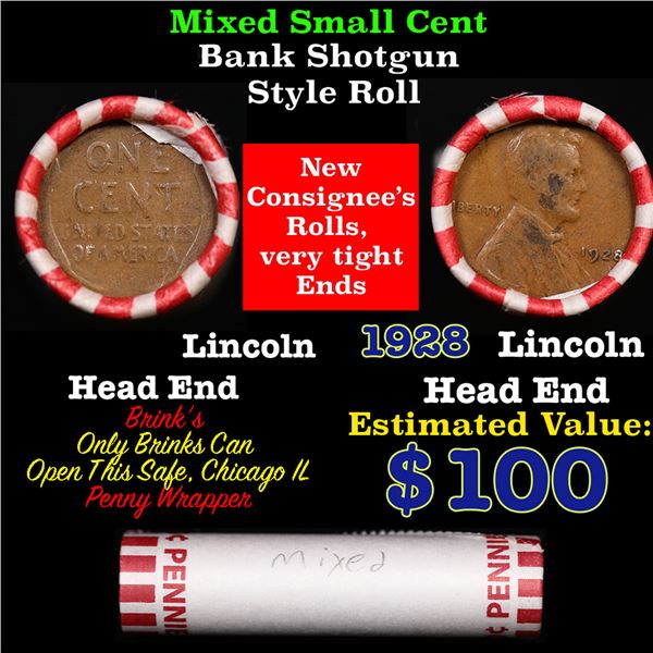 Mixed small cents 1c orig shotgun roll, 1928-p Lincoln Cent,Wheat Cent other end, Brinks Wrapper.