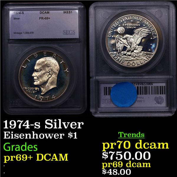 Proof 1974-s Silver Eisenhower Dollar $1 Graded ms69+ dmpl By SEGS