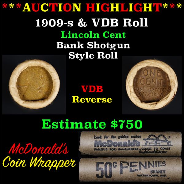 ***Auction Highlight*** Lincoln Wheat cent 1c orig Brandt McDonalds roll, 1909-s end, VDB other end 