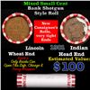 Image 1 : Mixed small cents 1c orig shotgun roll, Wheat Cent, 1901 Indian Cent other end, Brinks Wrapper.