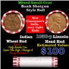 Image 1 : Mixed small cents 1c orig shotgun roll, 1938-p Lincoln Cent, Wheat Cent other end, Brinks Wrapper.