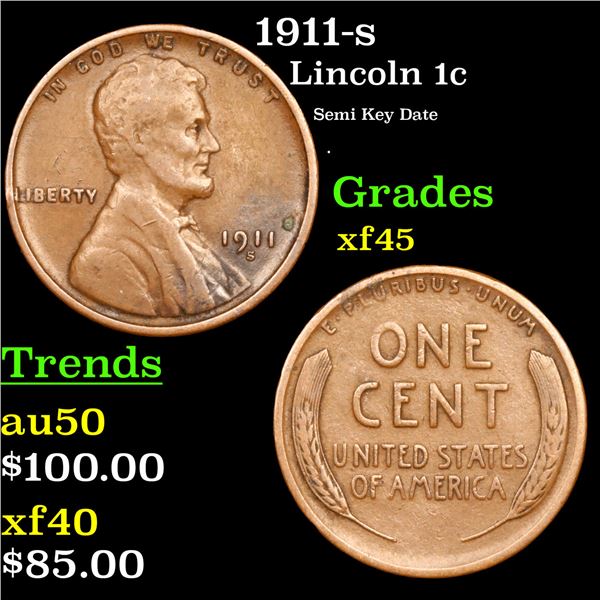 1911-s Lincoln Cent 1c Grades xf+