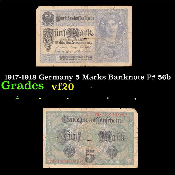 1917-1918 Germany 5 Marks Banknote P# 56b Grades vf, very fine