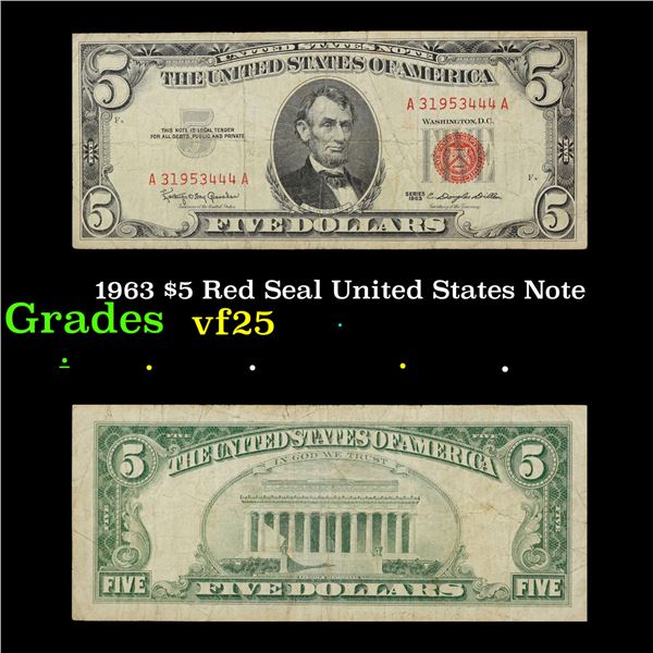 1963 $5 Red Seal United States Note Grades vf+