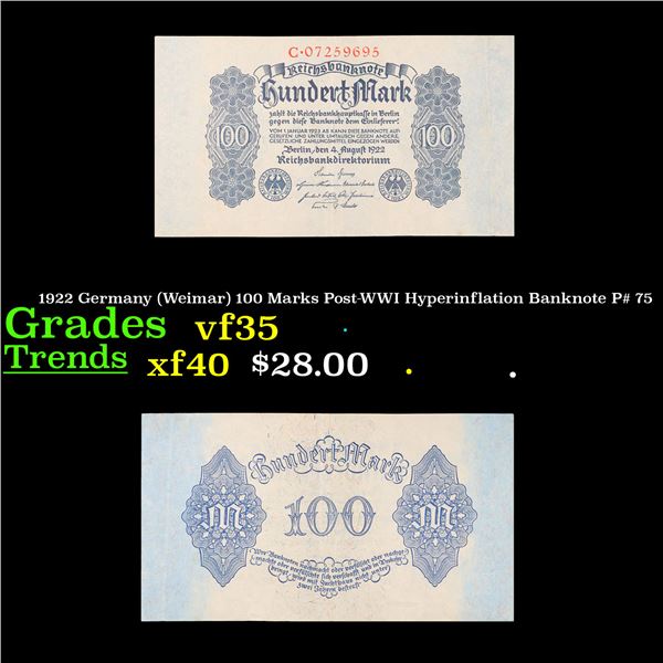 1922 Germany (Weimar) 100 Marks Post-WWI Hyperinflation Banknote P# 75 Grades vf++