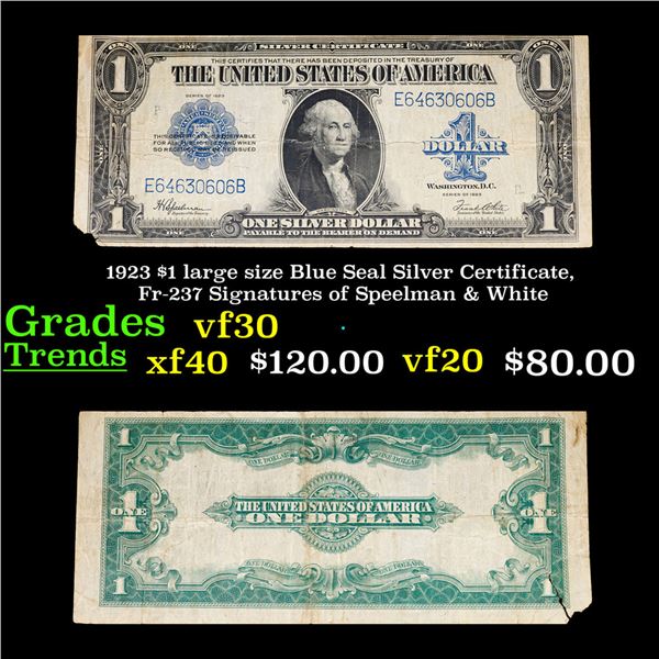 1923 $1 large size Blue Seal Silver Certificate, Fr-237 Signatures of Speelman & White Grades vf++