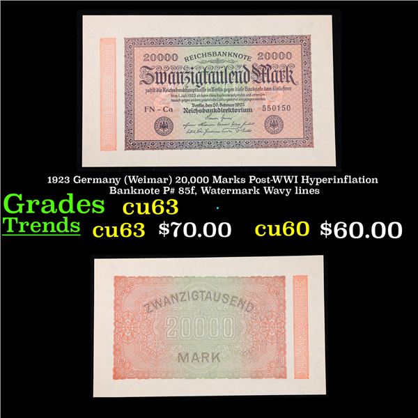 1923 Germany (Weimar) 20,000 Marks Post-WWI Hyperinflation Banknote P# 85f, Watermark Wavy lines Gra