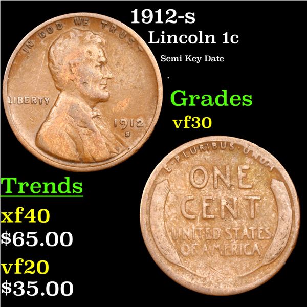 1912-s Lincoln Cent 1c Grades vf++