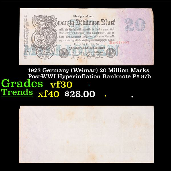 1923 Germany (Weimar) 20 Million Marks Post-WWI Hyperinflation Banknote P# 97b Grades vf++