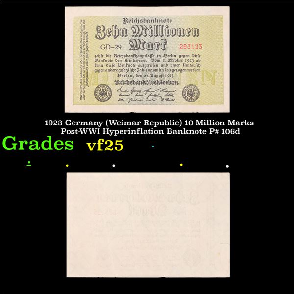 1923 Germany (Weimar Republic) 10 Million Marks Post-WWI Hyperinflation Banknote P# 106d Grades vf+