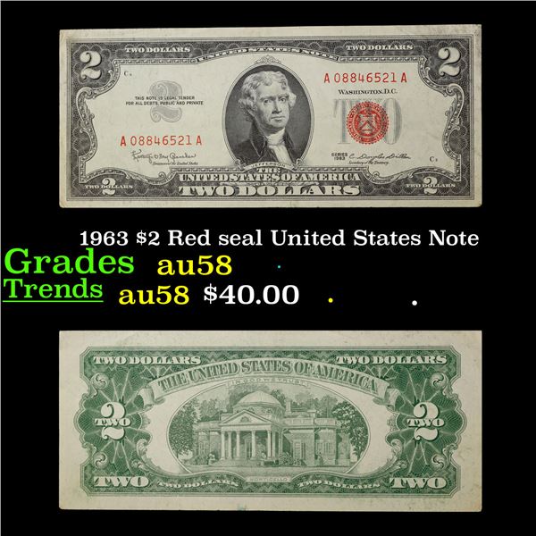 1963 $2 Red seal United States Note Grades Choice AU/BU Slider