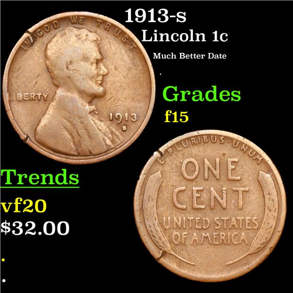 1913-s Lincoln Cent 1c Grades f+