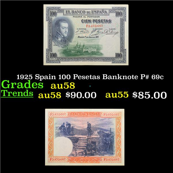 1925 Spain 100 Pesetas Banknote P# 69c Grades Choice AU/BU Slider