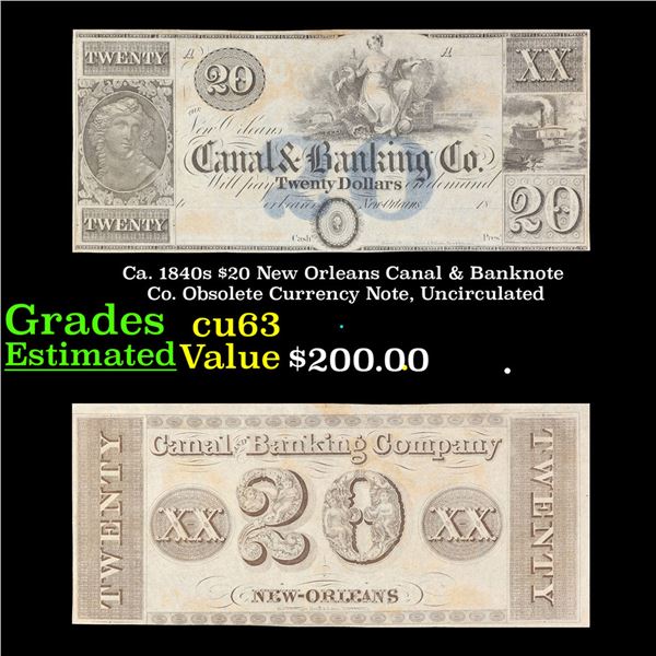 Ca. 1840s $20 New Orleans Canal & Banknote Co. Obsolete Currency Note, Uncirculated Grades Select CU