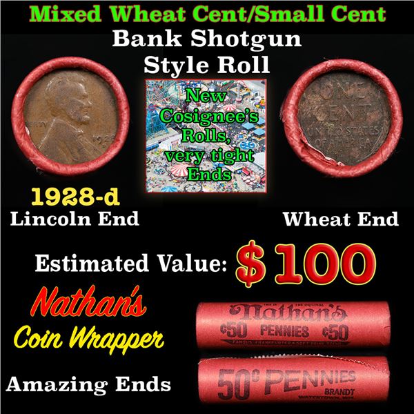 Mixed small cents 1c orig shotgun roll, 1928-d Lincoln Cent, Wheat Cent other end, Nathan's Brandt W