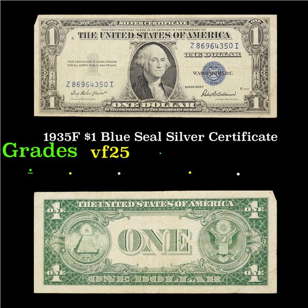 1935F $1 Blue Seal Silver Certificate Grades vf+