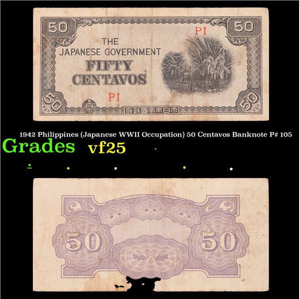 1942 Philippines (Japanese WWII Occupation) 50 Centavos Banknote P# 105 Grades vf+