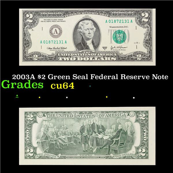 2003A $2 Green Seal Federal Reserve Note Grades Choice CU